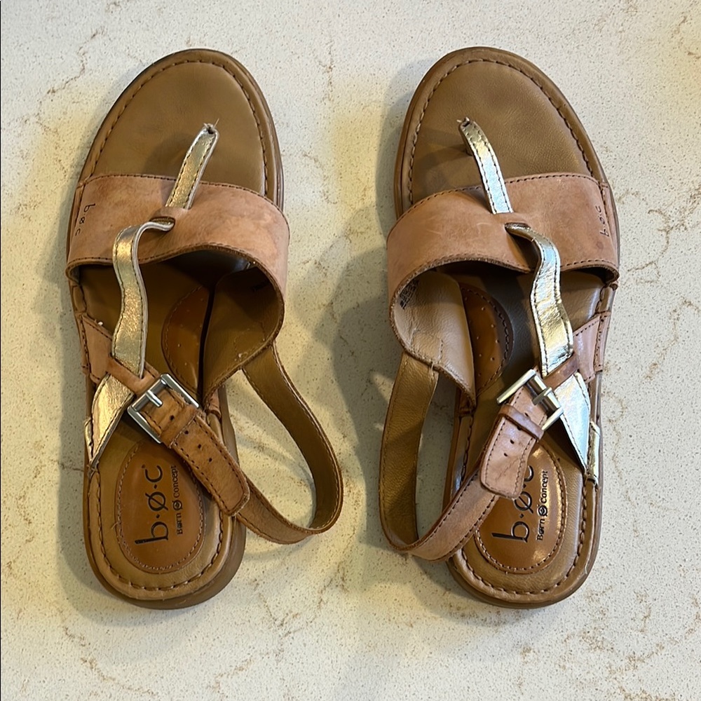 b.o.c. Tan and Silver Sandals with Contoured Footbed